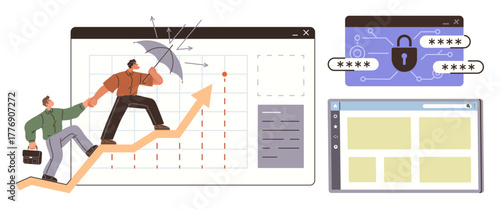 Professionals climbing an upward graph, shielding from risks using an umbrella. Includes secure password systems, lock icon, and browser. Ideal for business, growth, security, cooperation risk