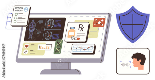 Monitor displaying medical history, imaging scans, DNA, prescriptions, graphs. Includes shield for security and face scanner. Ideal for healthcare, medical technology, security AI in medicine
