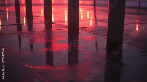 Sunset reflections on wet pavement
