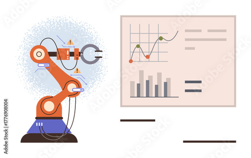 Robotic arm connected to a screen showing graphs and charts, signifying data-driven automation. Ideal for AI, robotics, industry 4.0, digital transformation, analytics, machine learning simple flat