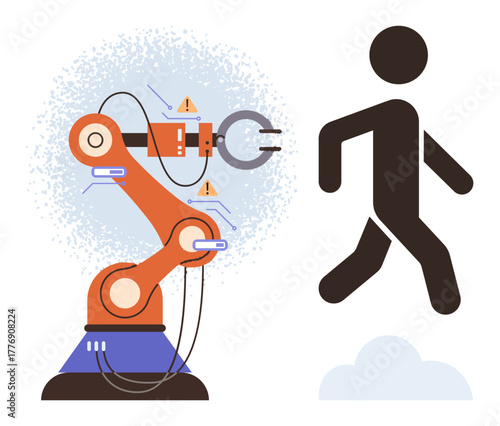 Robotic arm with glowing parts and a walking humanoid figure illustrating human-machine interaction. Ideal for technology, innovation, robotics, AI, human progress, collaboration, automation themes