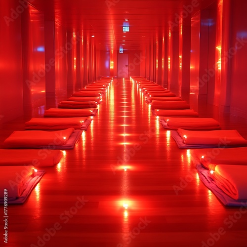 Red-lit meditation hallway.  Rows of padded mats line a bright, red corridor, illuminated by warm lights