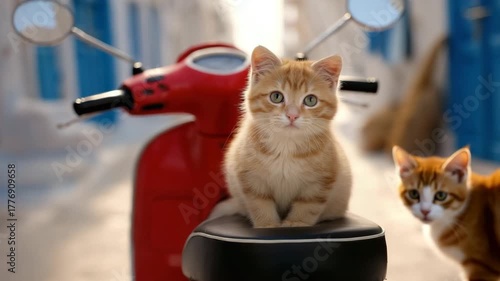 Cute cat sitting on a red scooter in a picturesque street with blue doors during a sunny day