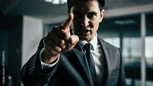 Confident businessman points at camera in office video.