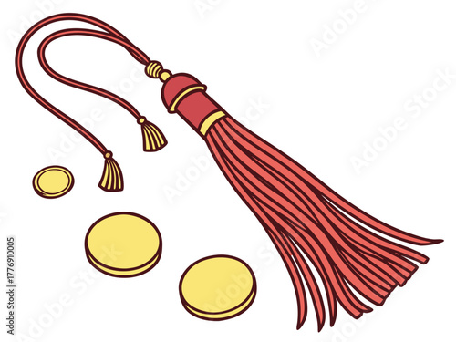 Red tassel with coins showcasing cultural significance. Decorative red tassel accompanied by golden coins symbolizes prosperity, good fortune, and celebration of traditions.