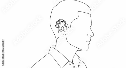 Person using hearing aid depicted in side profile view showcasing auditory device placement behind ear. Hearing aid enhances communication and support for hearing impairments.