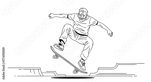 Elderly man skateboarding in dynamic pose performing a trick on a skateboard ramp. Active senior skateboarding demonstrates agility and spirit of adventure