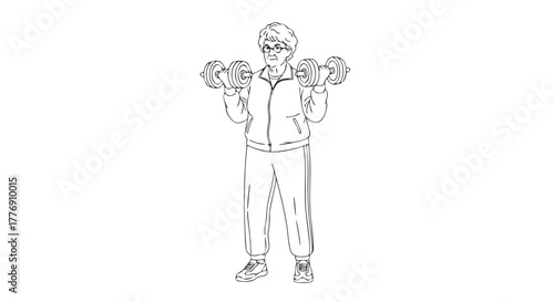 Elderly woman exercising with dumbbells for strength training and fitness. Dedicated elderly woman focuses on health and well-being through weightlifting.