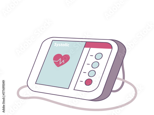 Blood pressure monitor screen showing systolic reading with heart symbol and controls for medical use.