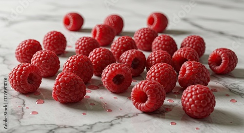 Fresh Raspberries on Marble: Vibrant Red Berries, Close-Up, Delicious, Healthy.