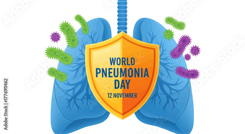 Illustration for World Pneumonia Day, featuring lungs protected by a shield, surrounded by bacteria, with the date November 12.