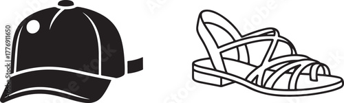 Vector Illustration of Casual Baseball Cap and Open-Toe Sandal in Monochrome Style
