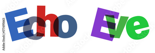 Dynamic 3d echo effect with overlapping text design featuring bold helvetica and classic courier fonts in vibrant cmyk colors for graphic design projects