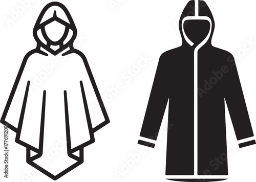 Minimalist Hooded Garment Icons: Poncho and Raincoat Design