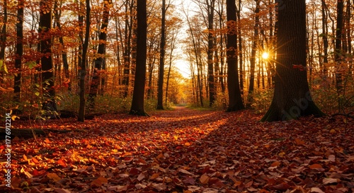 Golden Hour in Autumn Forest: Sunburst Through Trees, Leaf-Covered Path