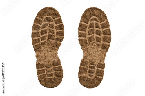 Two distinct bootprints with rough texture and deep sole treads, filled with dirt or sand. Transparent background