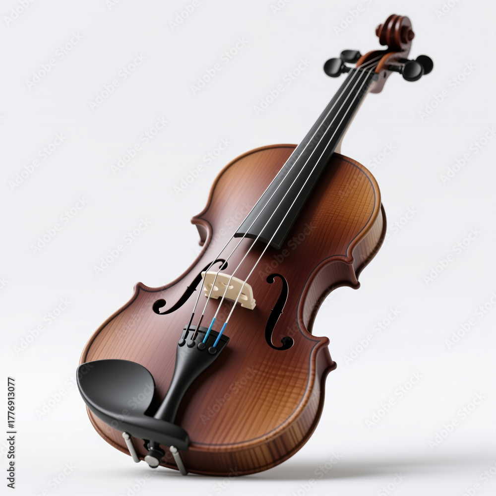 Fototapeta premium Realistic illustration of a violin with chinrest, symbolizing music and harmony, against a clean white background, showcasing intricate details and craftsmanship.