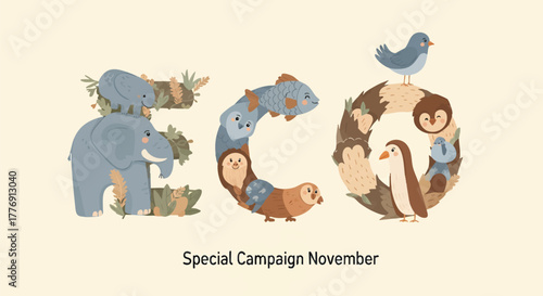 The word "ECO" is spelled out using various animals, including an elephant, fish, owls, penguins, and a bird, above the text "Special Campaign November".