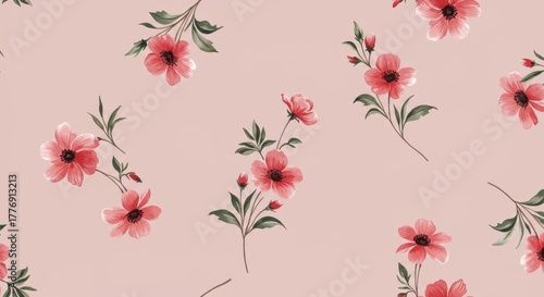 A seamless repeating pattern of delicate watercolor flowers and leaves on a soft background, perfect for textiles or digital papers ,surface design ,bloom ,abstract design