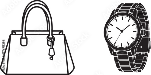 Vector Outline Handbag and Silhouette Watch Fashion Accessories Design
