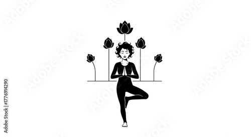 Serene woman in yoga tree pose finds inner peace surrounded by delicate lotus flowers, embodying balance and mindfulness