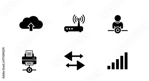 Modern business technology icons depicting cloud upload, wireless router, user connection, printing, data transfer, and signal strength bars for digital concepts.
