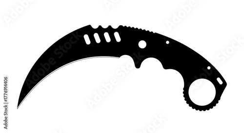 Sleek black karambit knife silhouette with modern tactical design and finger ring, perfect for security or combat concepts.