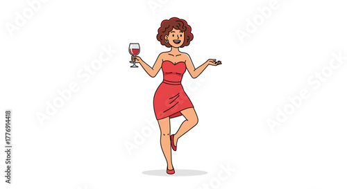 Joyful woman in red dress celebrating with wine glass, radiating happiness and festive spirit, perfect for events and nightlife