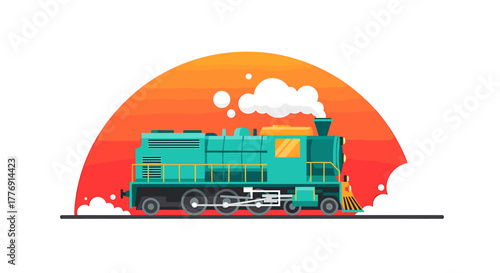 Vibrant teal locomotive chugs forward against a fiery sunset, billowing steam symbolizing progress and powerful journeys ahead.