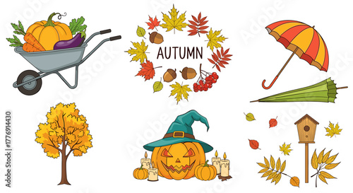 Vibrant autumn collection featuring a wheelbarrow with harvest produce, a spooky pumpkin lantern, colorful fall leaves, a tree, umbrellas, and a birdhouse.