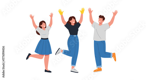 Joyful diverse friends celebrating success with raised arms in dynamic poses, radiating happiness and achievement for your next project.
