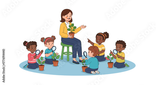 Enthusiastic teacher guides curious children exploring nature with magnifying glasses in a vibrant classroom setting