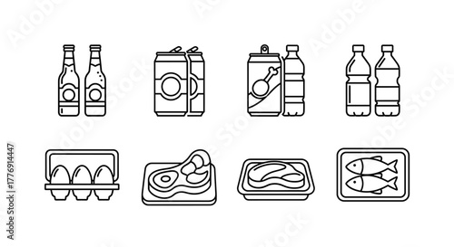 Modern icons showcase essential groceries like drinks, eggs, meat, and fish, perfect for design projects.