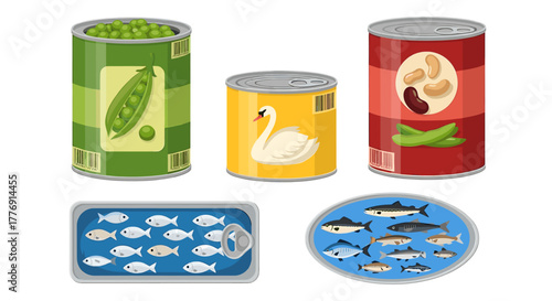 Convenient canned goods including peas, beans, and assorted fish, offering quick meal solutions for busy lifestyles and pantry staples.