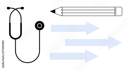 Stethoscope, pencil, and three arrows symbolizing healthcare, education, progress, idea flow, medical training, learning and innovation. Ideal for health communication teaching and simple flat