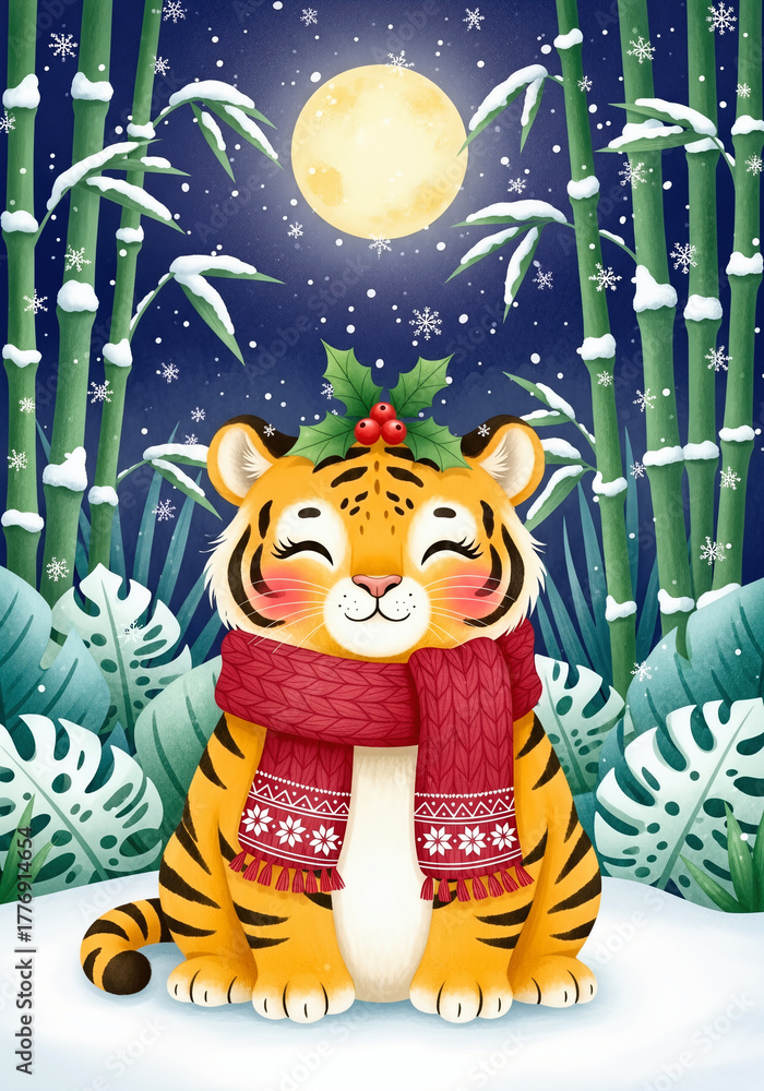 Naklejka premium Cartoon tiger in a winter forest scene with bamboo and snow. A delightful illustration of joy and festivity. . Lunar New Year, holiday spirit, zodiac animal.
