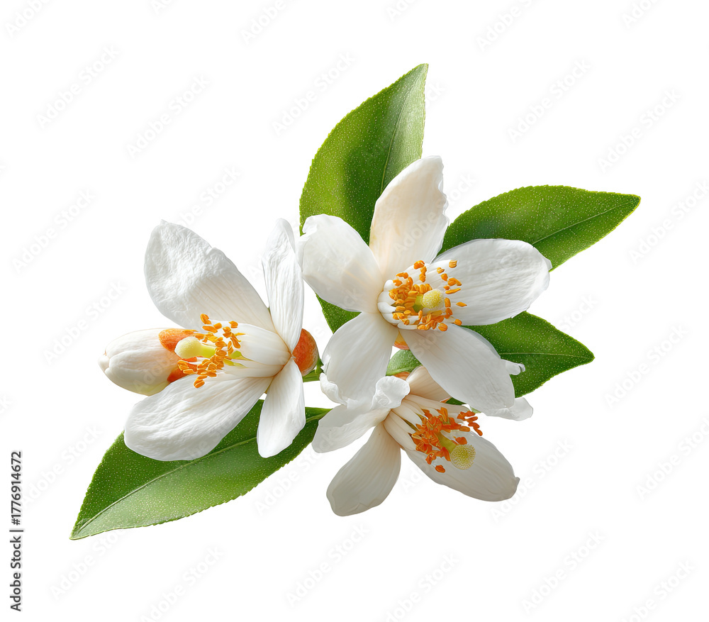 Obraz premium Close-up of three blossoms, bright white petals, orange stamens, green leaves