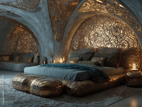 Opulent bedroom featuring intricate gold detailing and a luxurious bed, bathed in warm light, creates a serene, inviting space for rest.