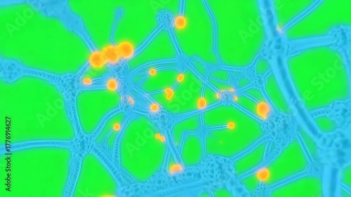Abstract neural network with glowing orange signals on green background, representing brain activity or digital data flow.