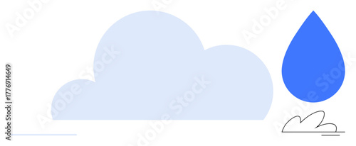 Cloud and blue raindrop with minimal landscape elements. Ideal for weather, environment, nature, sustainability, water resources, climate change, meteorology themes. Simple flat metaphor