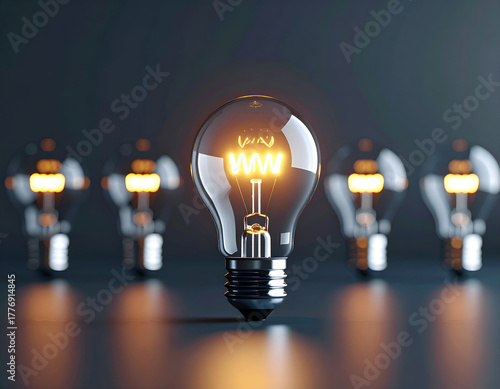 A bright, illuminated light bulb stands out among dimmer ones, representing a unique idea, inspiration, or innovative solution.