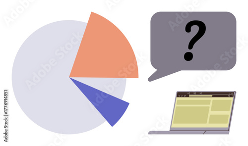 Pie chart in pastel colors, laptop with webpage layout, and question mark in speech bubble. Ideal for analytics, data presentation, problem-solving, decision-making, research, education