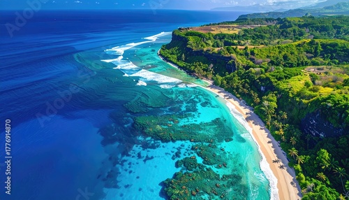Serene Coastal Landscape with Lush Green Cliffs and Turquoise Ocean Waters at Twilight