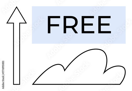 Upward arrow next to Free text in blue frame, placed above cloud outline. Ideal for communication, freedom, cloud technology, subscription, aspiration, success minimalism. Simple flat metaphor