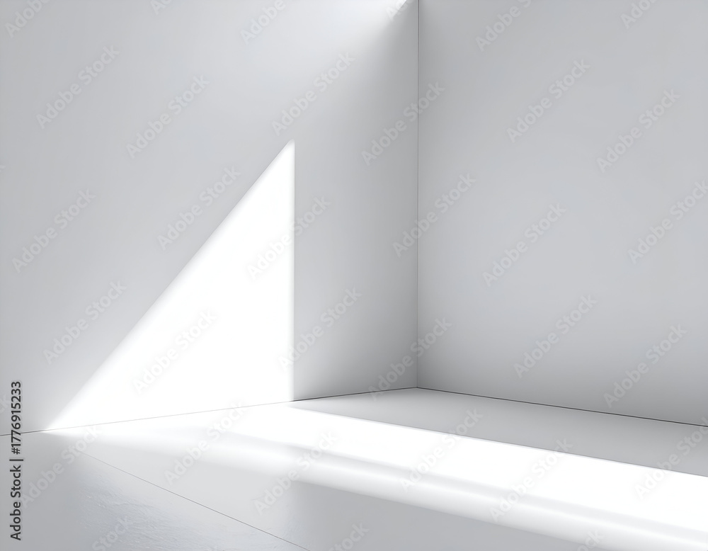 Fototapeta premium Clean, empty white room corner illuminated by a striking triangular beam of light, forming abstract shadows. Ideal for modern backgrounds and copy space.