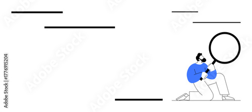 Male figure examining abstract black lines using magnifying glass, evoking curiosity and investigation. Ideal for research, analysis, observation, curiosity, exploration, problem-solving, learning