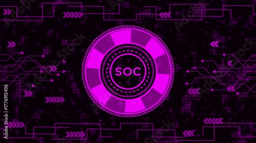 Soc security operations center concept futuristic technology hud interface element purple glowing circle with soc text in the center abstract background with circuit board and arrows