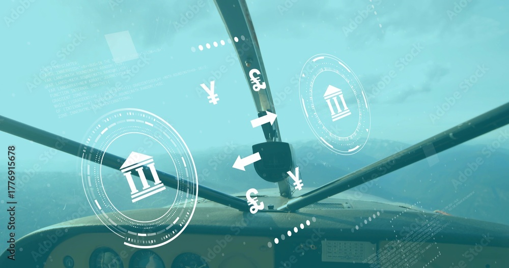 Fototapeta premium Showing cockpit panel and windshield struts flying over mountain peaks, with HUD financial icons