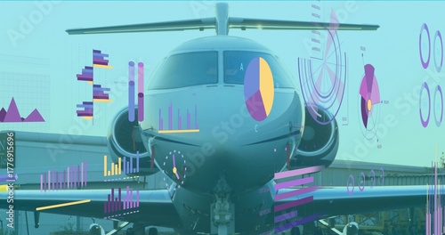 Showing private jet nose section sitting on airport apron, with floating data charts
