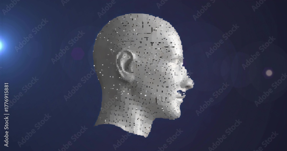 Obraz premium Rendering 3D head profile forming from cubic particles in virtual space, with lens flares